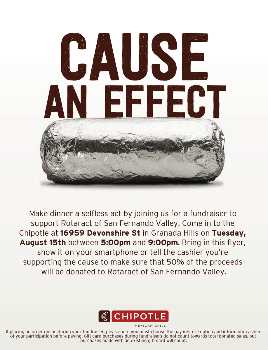 sfvrotaract's tweet photo. Cause An Effect! Eat dinner at Chipotle in Granada Hills on Tuesday to support our Rotaract club! #chipotle #granadahills #causeaneffect https://t.co/eIraohGT91