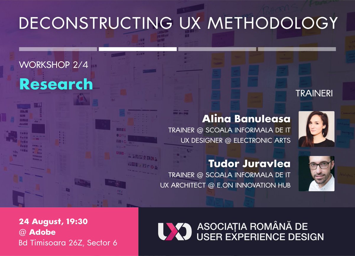 UxdRo's tweet photo. Joi 24 August va avea loc al doilea workshop din seria “Deconstructing UX Methodology” - “Research”.
Detalii aici: https://t.co/ACuaD3kQn1 https://t.co/XyIDfKbOIX