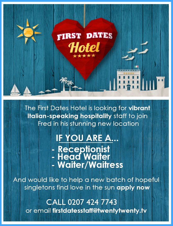 We're on the hunt for singles of all ages + Italian-speaking staff to join us at the #FirstDatesHotel! Apply here 👉 bit.ly/FirstDatesApply