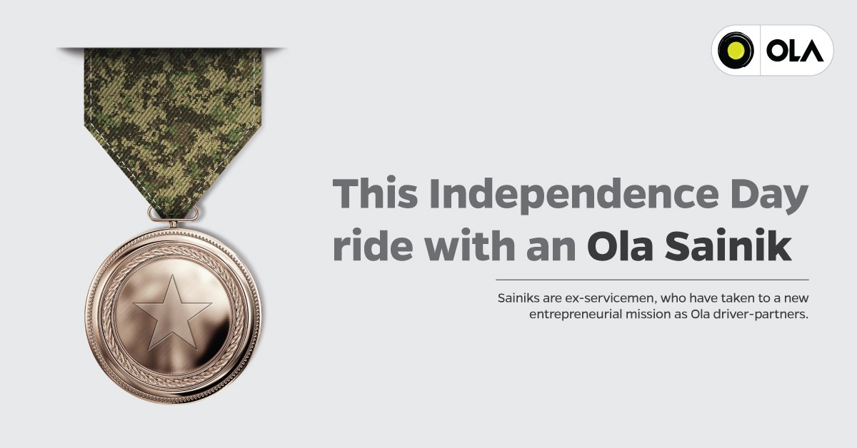 Make this #IndependenceDay more special! Take an Ola Share &amp; you may get to ride with an #OlaSainik.
Tweet your story with #OlaSalutesSainik