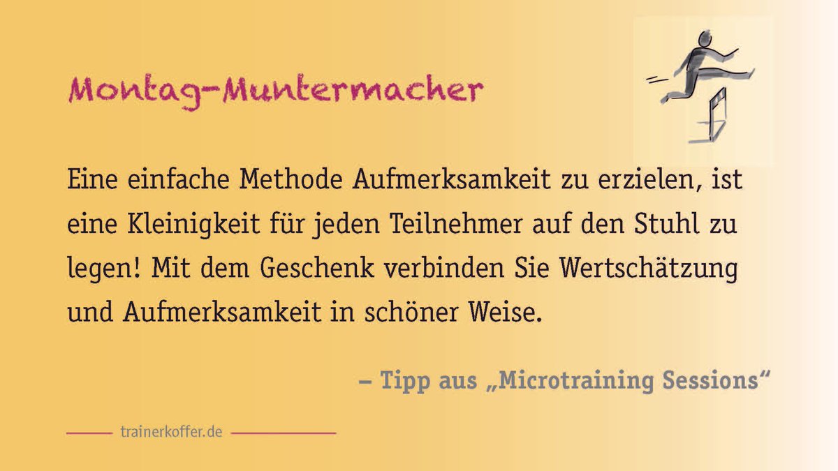 trainerkoffer's tweet image. Praktische Tipps für kurze Trainingseinheiten gibt Barbara Illi in ihrem Buch "Microtraining Sessions" buff.ly/2wzy8rT
wie dieser: