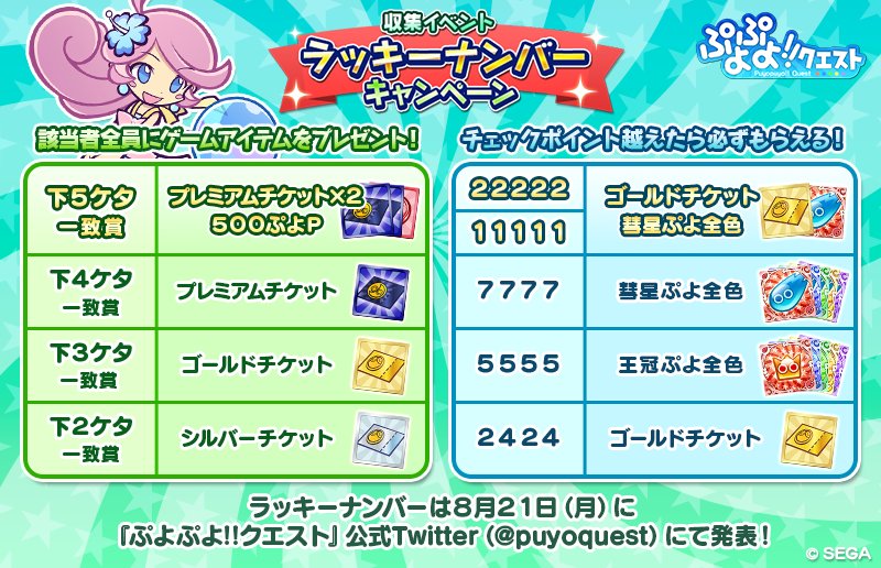 ぷよぷよ クエスト公式 ぷよクエ お知らせ 本日より 真夏のラフィーナ が入手できる限定クエスト 第2回常夏のバカンス祭り 開催中 また ラッキーナンバーキャンペーンも同時開催 T Co Emgw0gmow4 ぷよクエ 収集イベント 真夏の