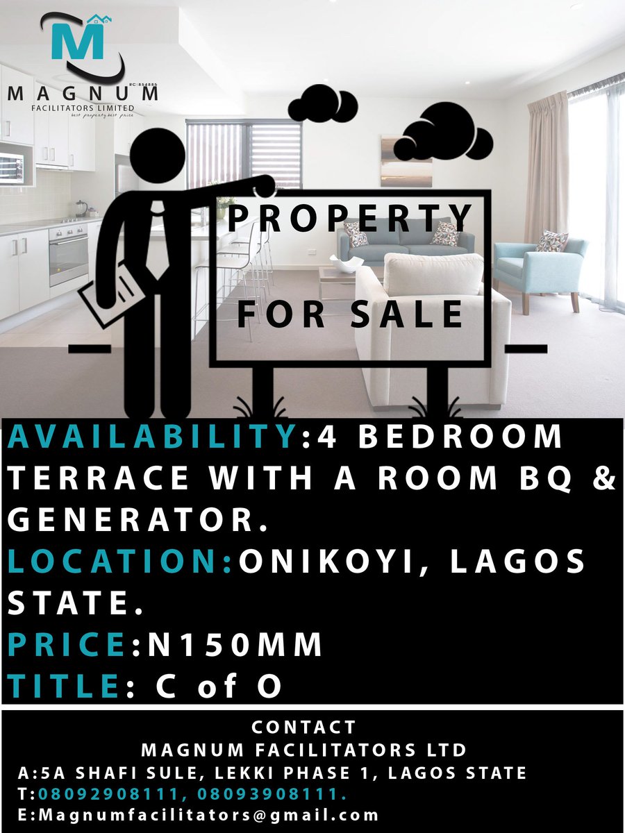 Magnumfa's tweet image. For Sale 
Availability : 4 bedroom terrace with a room BQ and a generator. 
Location: onikoyi, Lagos state. 
Price: N150MM
Title :C of O