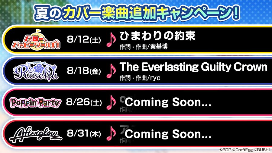 バンドリ ガールズバンドパーティ 夏のカバー楽曲 追加キャンペーン開催中 8月はカバー楽曲を4曲追加いたします 第2弾はroseliaが歌う The Everlasting Guilty Crown 楽曲は8月18日に追加予定です お楽しみに バンドリ ガルパ