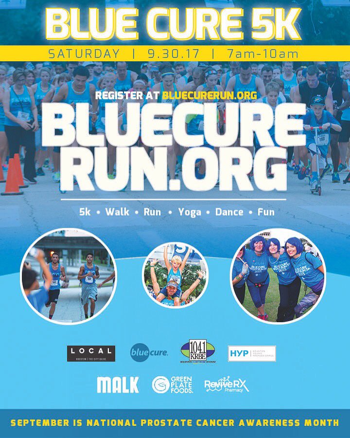 GabeCanales's tweet photo. #Houston Blue Cure Run 5k on Sep 30. Only $25 this week! Includes yoga, dance, music &amp; fun! Powered by KRBE 104.1. https://t.co/LjgsMsXgWm https://t.co/h5njKkGyIY