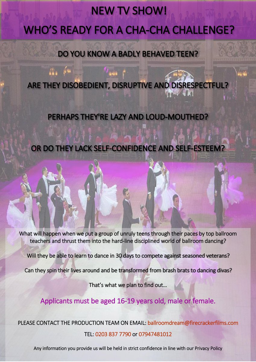 notgoingtouni's tweet photo. Do you know any unruly teens, 16-19 yrs, who need a cha-cha challenge? Please contact ballroomdream@FirecrackerFilms.com https://t.co/jD9XscSgdX