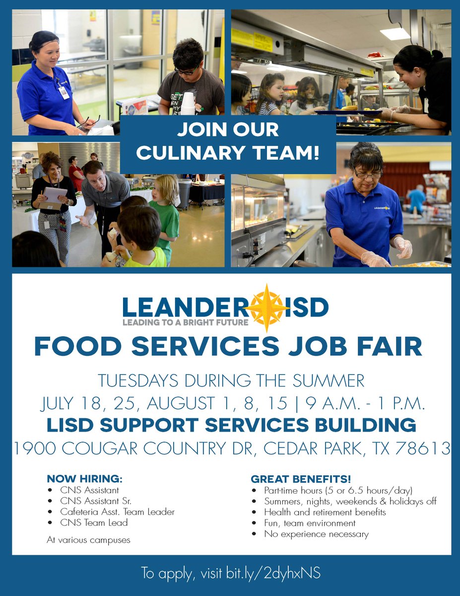 LISDCareers's tweet photo. Tomorrow is the last @cnslisd job fair of the summer! Meet @CNSteve_Smith &amp; our @LeanderISD CNS team 9AM-1PM at 1900 Cougar Country Dr! https://t.co/roYKqV4C6I