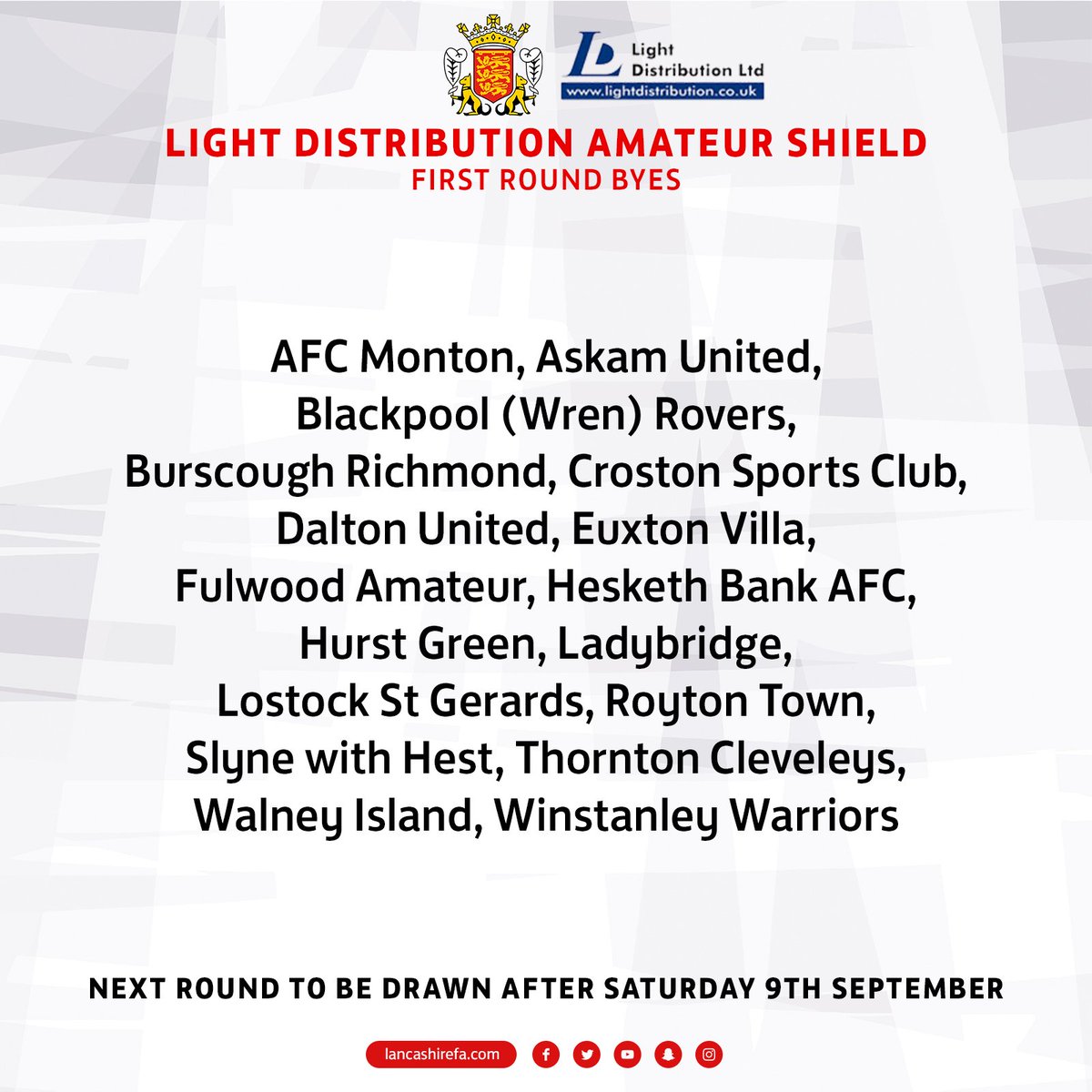 LancashireFA's tweet photo. π Light Distribution Amateur Shield π
Slight change in the draw release schedule - but here are the first round fixtures plus byes: https://t.co/p8Gtgp8wqJ
