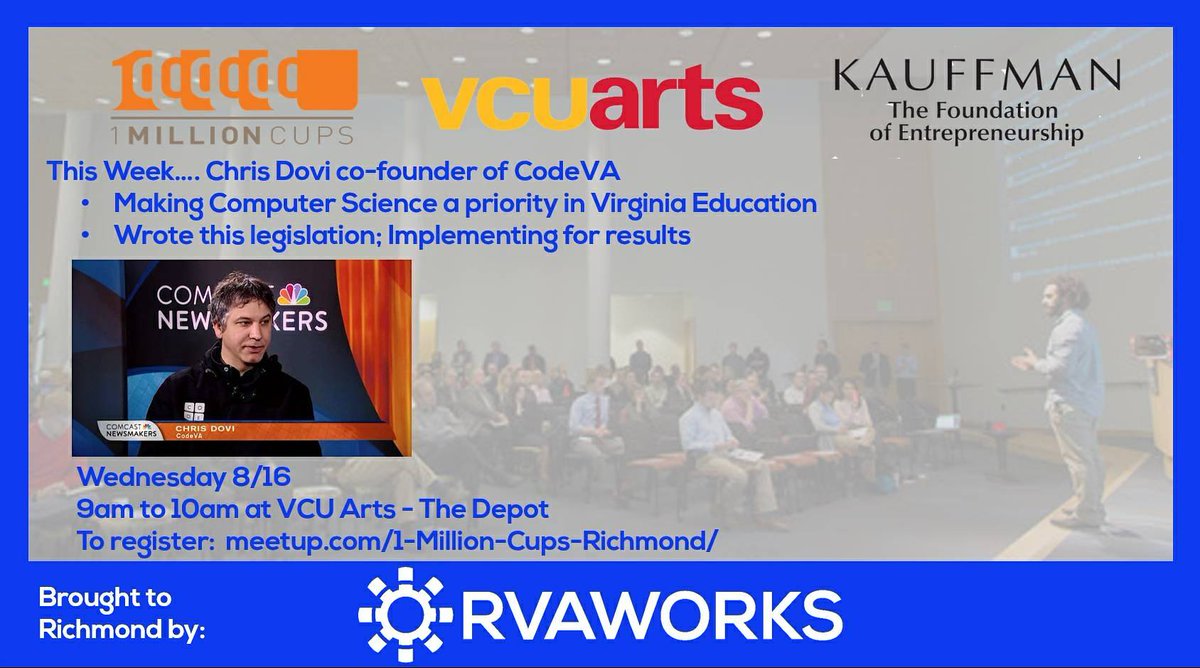 DaleFickett's tweet photo. Chris & Rebecca Dovi of @codeVirginia
coming up @1MillionCupsRVA @Eship on 8/16 #TechInclusion #edchat #edtech #educate2017 #Education https://t.co/LS2LrhsprL