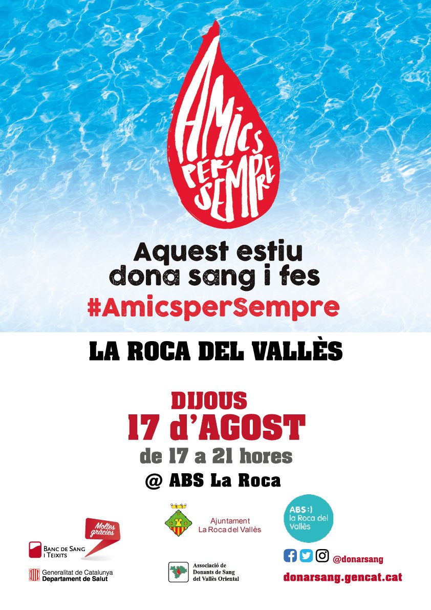 Aquest estiu dóna sang a #laRoca. T'esperem el dijous 17 d’agost de les 17 a les 21 h a l'ABS <a href="/donarsang/">Banc de Sang</a> #AmicsperSempre