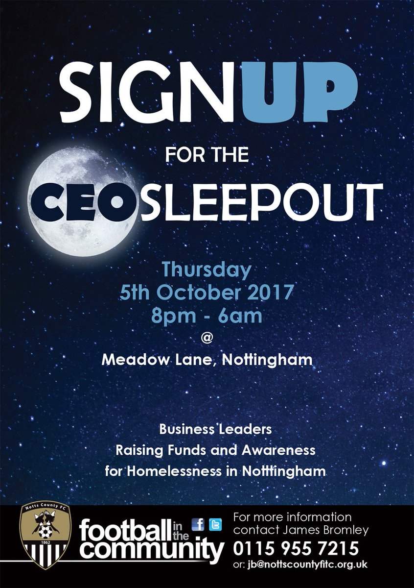The CEO Sleepout - Thursday 5th October - 8pm-6am @ Meadow Lane, Nottingham hosted by @NottsCountyFITC -buff.ly/2w4beMz