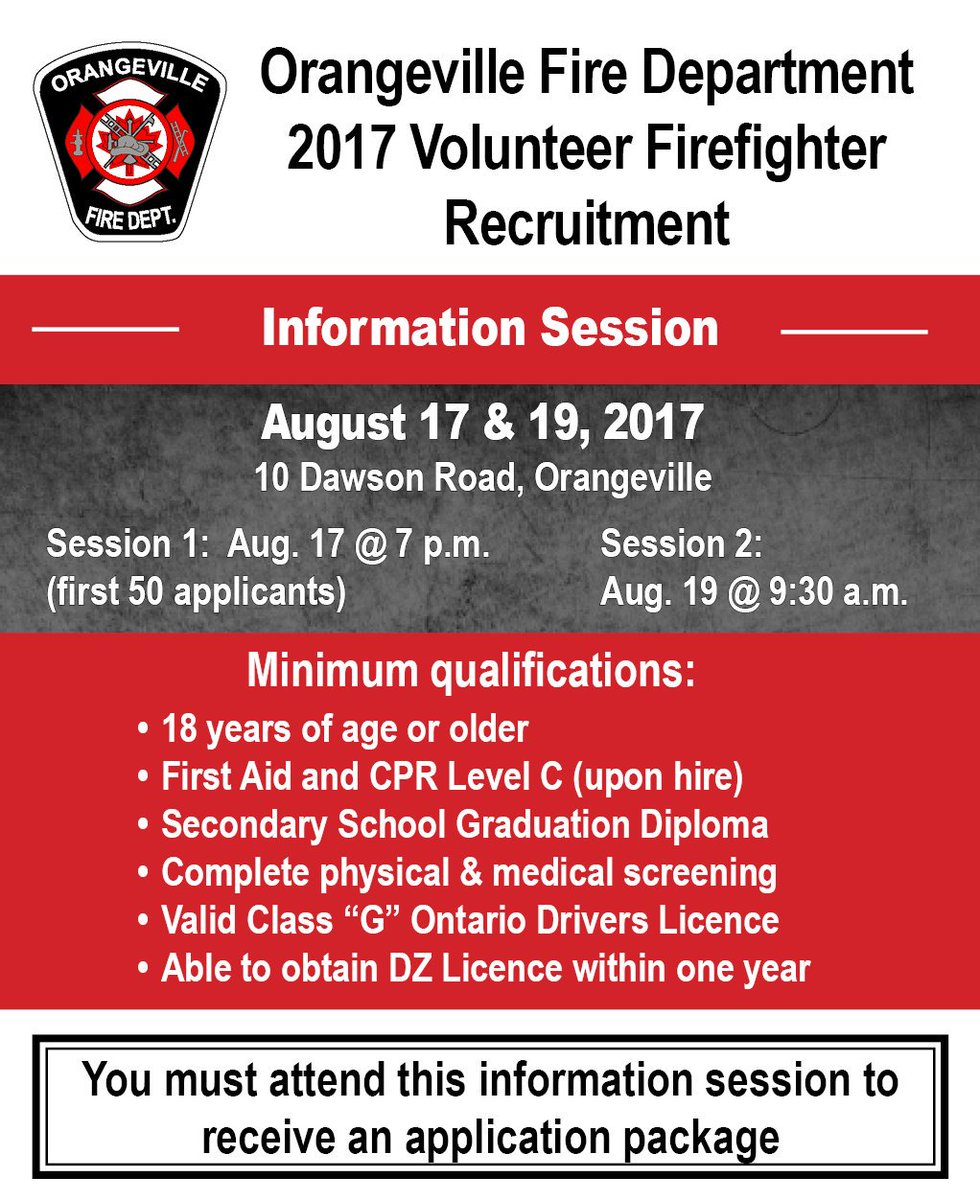 OrangevilleFire's tweet image. Interested in becoming a Volunteer Firefighter? Attend one of our information sessions. Aug 17 @7pm or Aug 19 @930am Orangeville Station