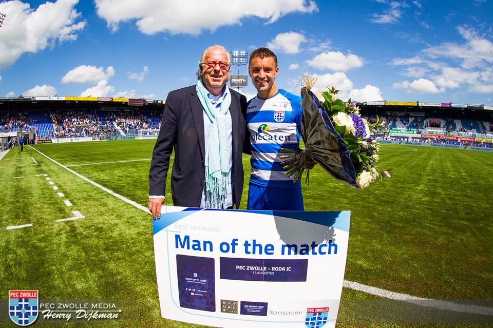 PECZwolle's tweet photo. Man of the Match bij PEC Zwolle - Roda JC Kerkrade, aanvoerder Bram van Polen! #peczwolle #manofthematch #zworod #eredivisie https://t.co/LwyRkeXyKa
