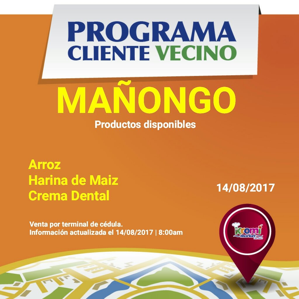 KromiMarket's tweet photo. Buenos días #ClientesVecinos Mañongo. Hoy, lunes #14agosto, podrán adquirir los siguientes productos: https://t.co/T1kOFnxffD