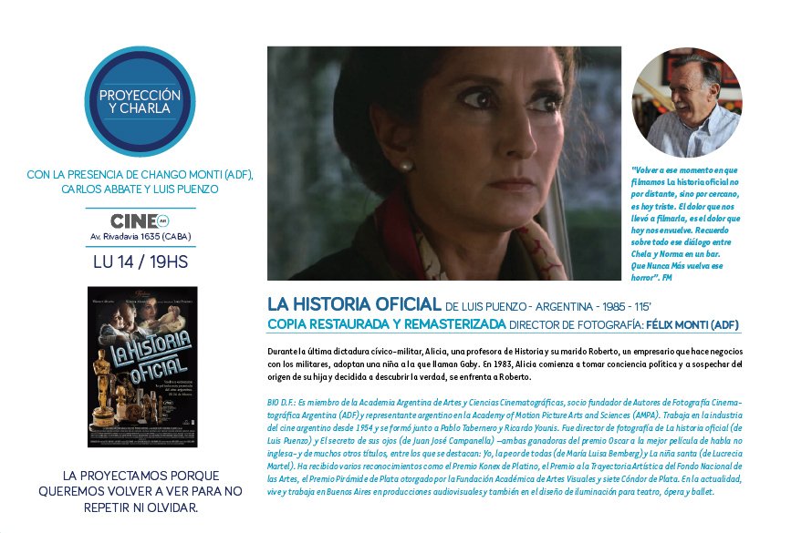 HOY en el #FestivalADF La historia oficial, a las 19hs, en el Gaumont. Charla posterior con Chango Monti (ADF), Carlos Abbate y Luis Puenzo