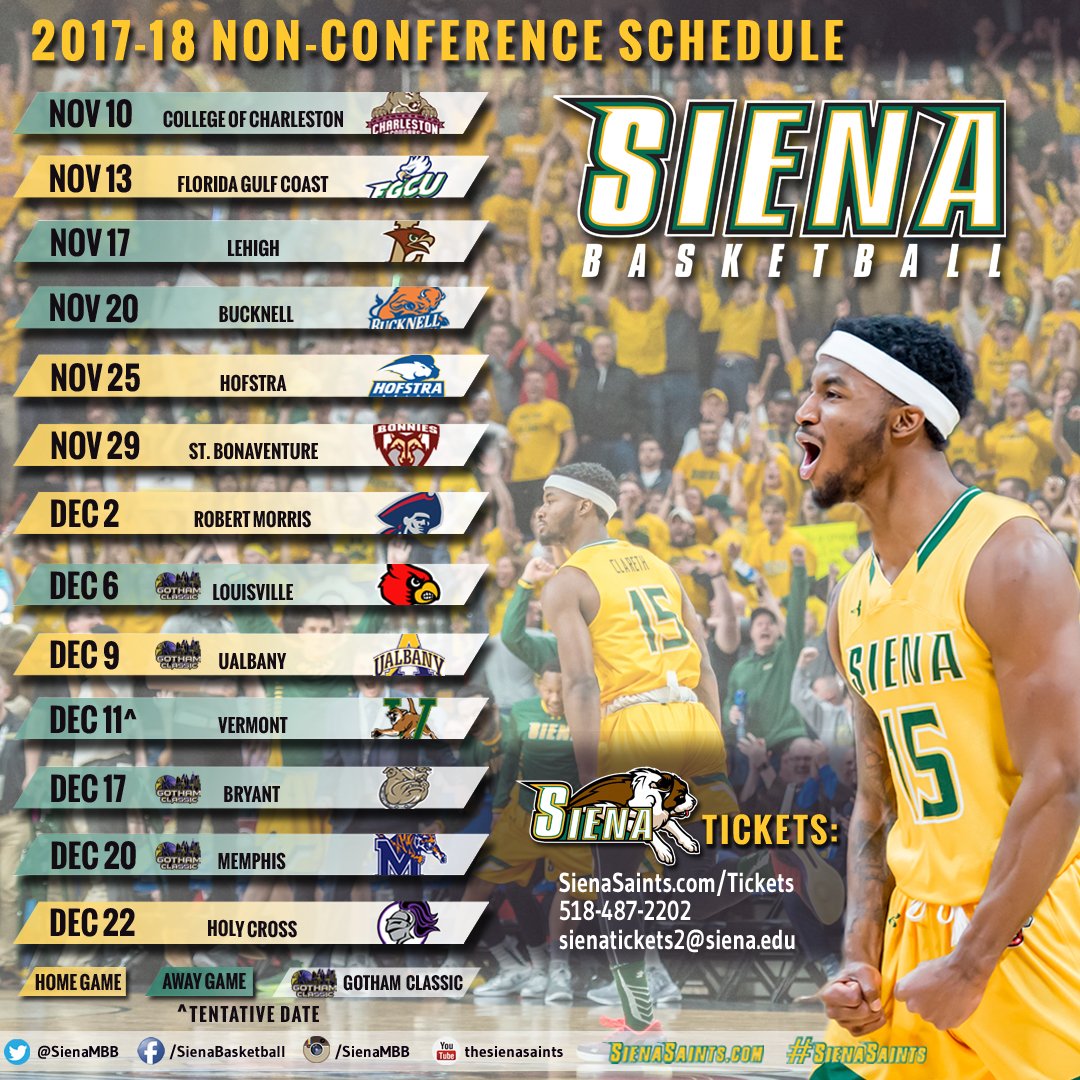 SienaSaints's tweet photo. 🔑 ALERT | Another strong non-conference slate for @SienaMBB features 8 games vs. 20-win teams and 6 matchups against 2017 postseason squads https://t.co/aiLGw3ODiB