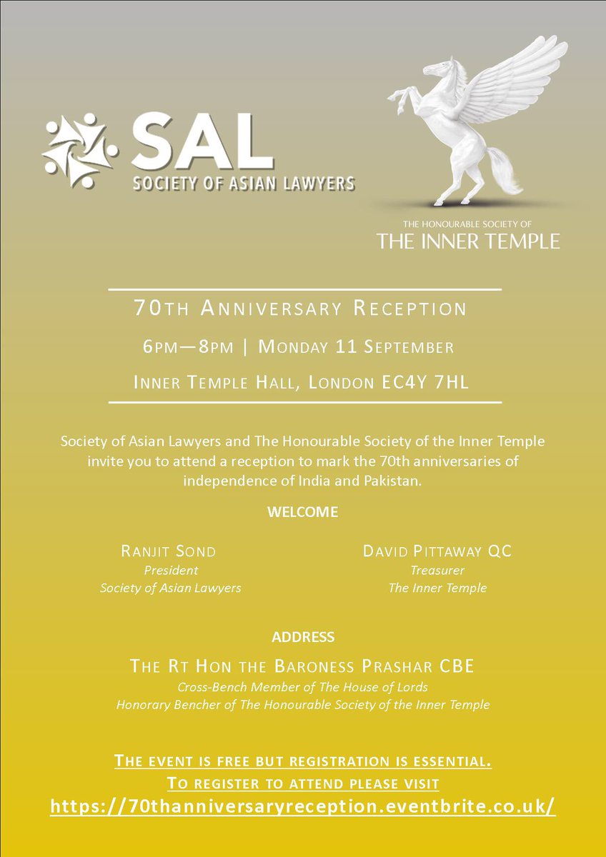 SocAsianLawyers's tweet photo. You're all invited to India &amp; Pakistan's 70th Anniversary Reception with us &amp; @TheInnerTemple on 11.09.17. See you there! https://t.co/oKogktonuL