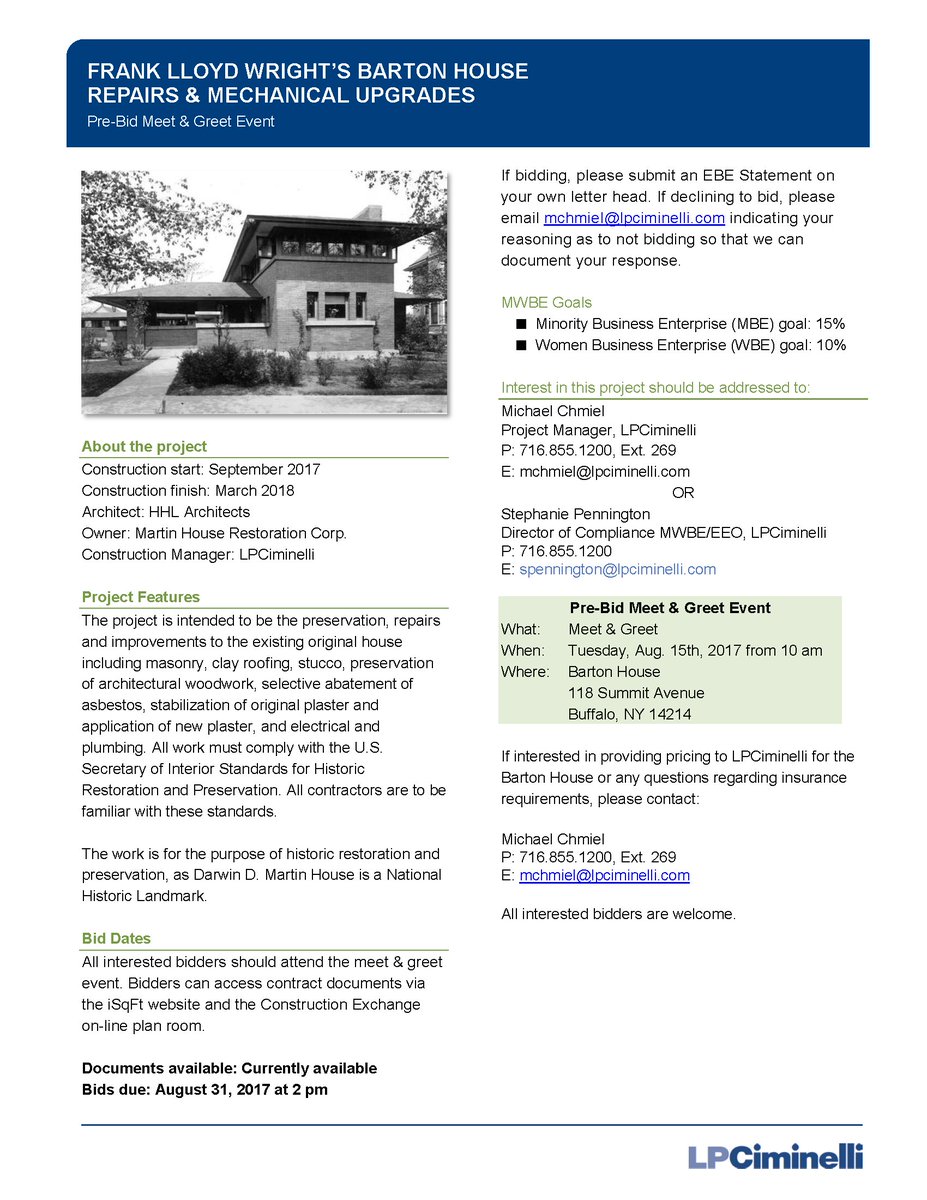 LPCiminelli's tweet photo. Interested in bidding on historic preservation and restoration work at the Barton House? Pre-bid meet &amp; greet tomorrow, August 15th at 10am https://t.co/3EpYJleZW1