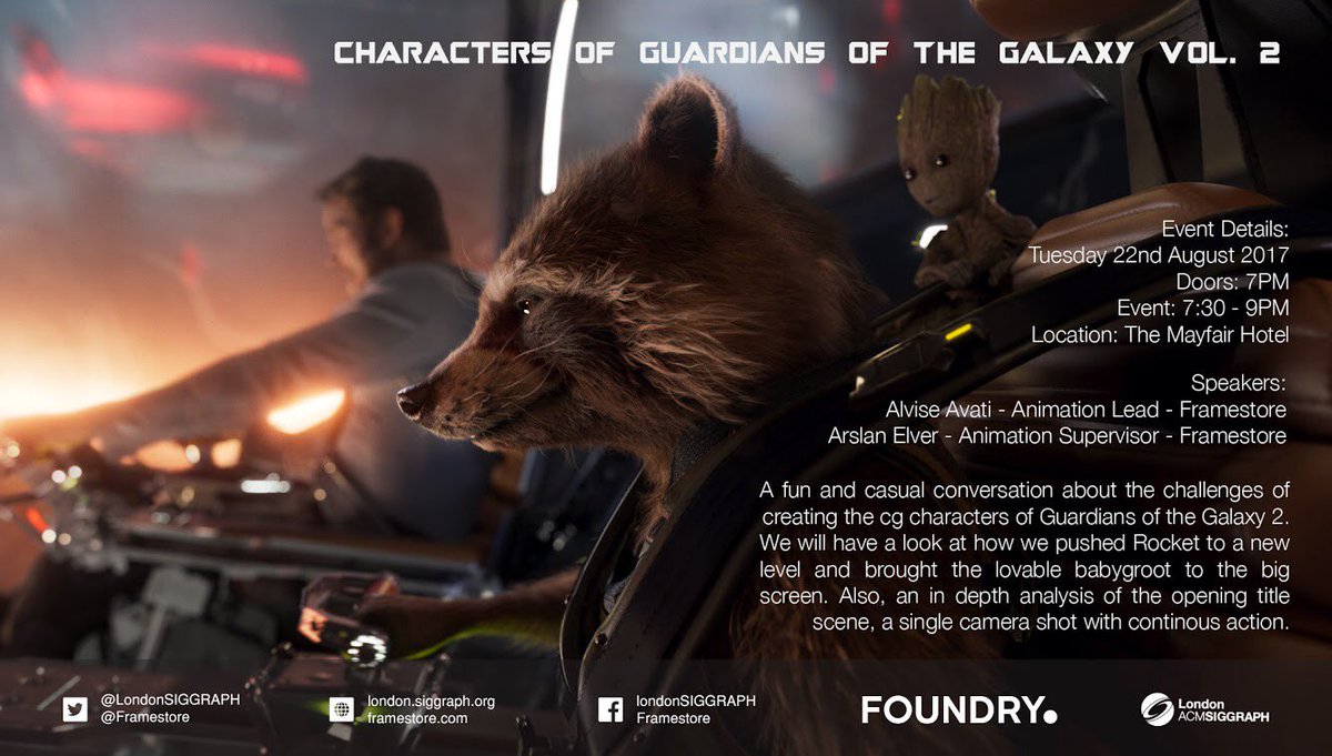 LondonSIGGRAPH's tweet photo. Next event! @Framestore present their work on Guardians Vol 2. Event made possible by @TheFoundryTeam 
 https://t.co/OSsQkq4v7n https://t.co/KmwfJVdvig