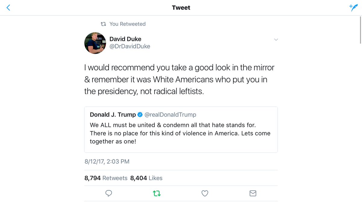 AHamiltonSpirit's tweet image. He won't do the right thing because he &amp;amp; #Bannon used #Nazis to get elected. Just read .@DrDavidDuke's veiled threat to Trump yesterday.🤜🏻🤛🏿