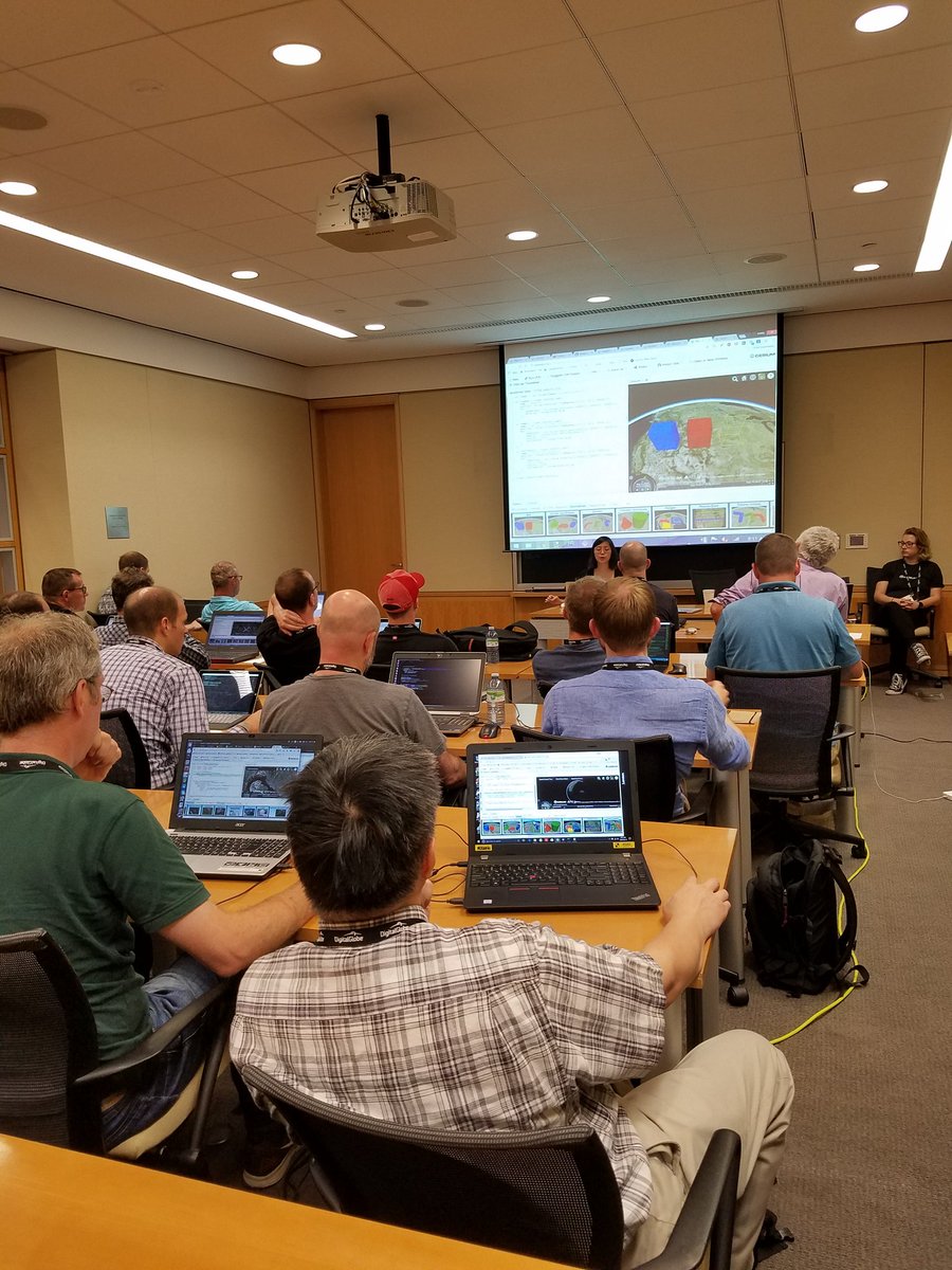lossyrob's tweet photo. Very cool @CesiumJS workshop happening - excited to use what I learn to integrate 3d maps with #geopyspark and #geonotebook! #foss4g https://t.co/wdDFmszNOk