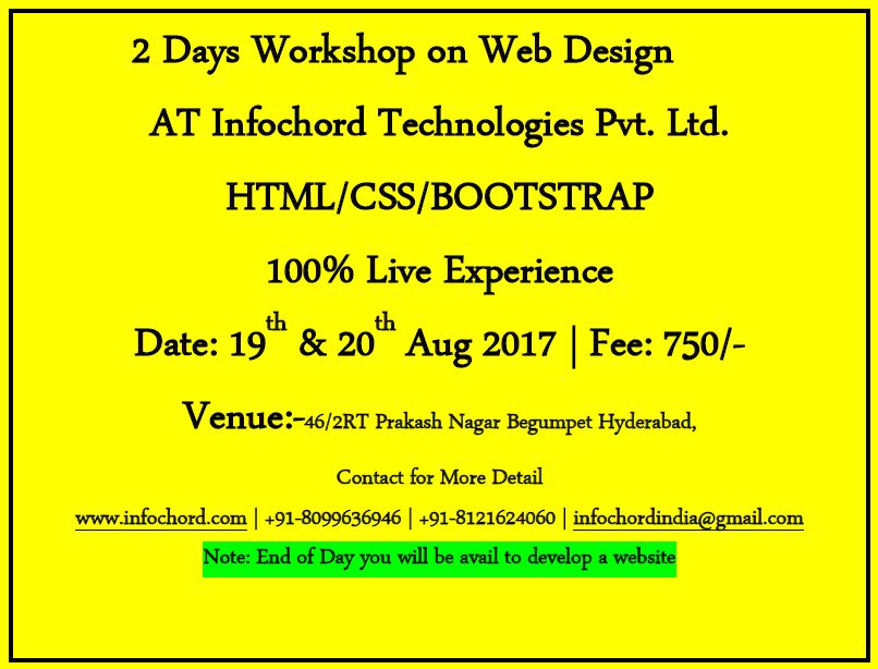 ravirajgir's tweet photo. 2 Days Workshop on #WebDesign For all #12th Pass #EnggStudents and #corporates On #19th & #20th #August 2017
Registration Fee @ Rs. 750/- https://t.co/87MRbQYPAD