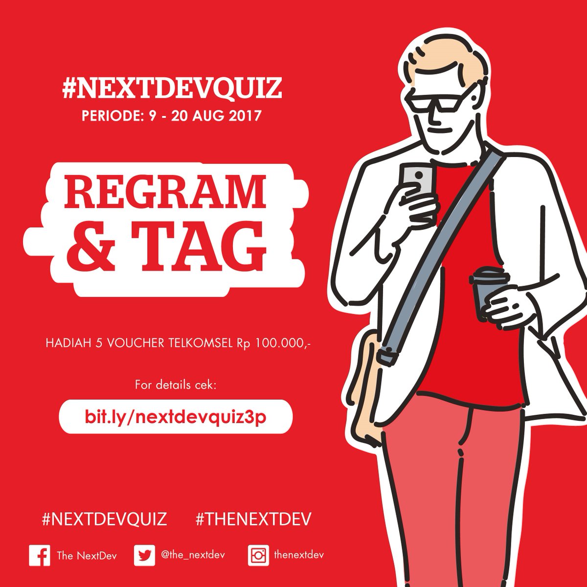NextDev_id's tweet photo. Periode #NextDevQuiz 9-12 Aug diperpanjang s.d 20 Aug. Hadiah 5 voucher Telkomsel Rp 100.000,- Klik: https://t.co/qJxsrjx6Mg #NextDev2017 https://t.co/GjyRfTWVjf