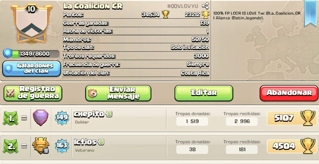 Mk10V2's tweet photo. Hoy nuestros clanes se fusionan en un solo clan , ahora somos un clan mucho mas competitivo , a darle duro a esto!! @La_Coalicion_CR 😎👊 https://t.co/WYG9gAWyOx