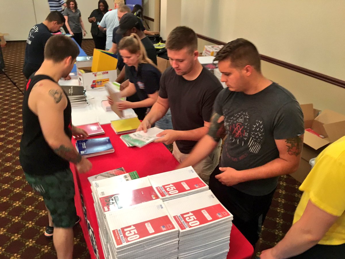 LibertyUSO's tweet photo. Our #military volunteers are getting getting the #USO #BackToSchool supplies ready for our @jointbasemdl families #RucksackToBackpack https://t.co/VVjN7mgmPj