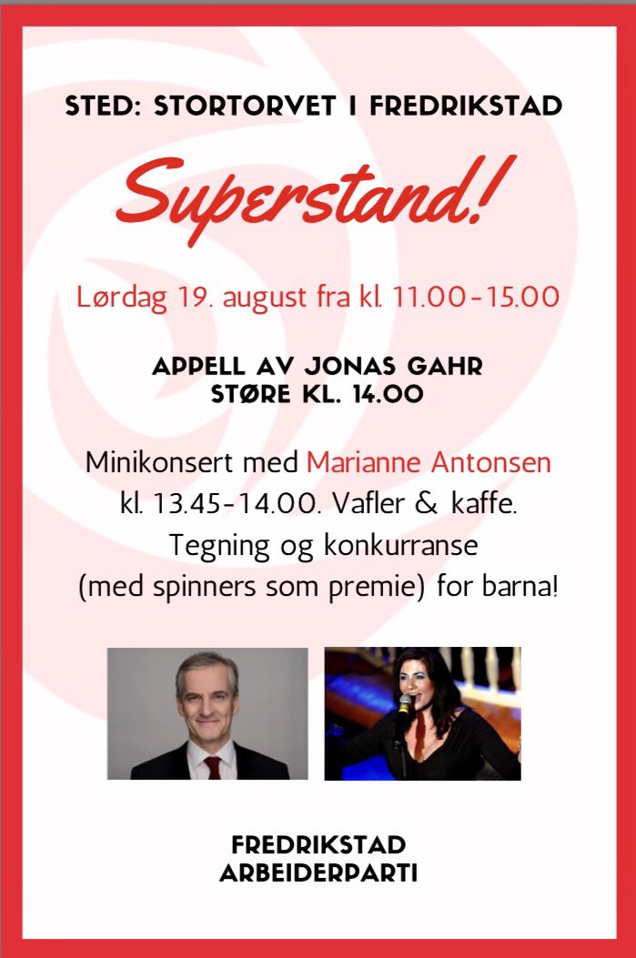 apostfold's tweet photo. Bli med på #superstand i Fredrikstad! Vi lover musikk og glede #alleskalmed #valg2017 https://t.co/l7LarNRrAj