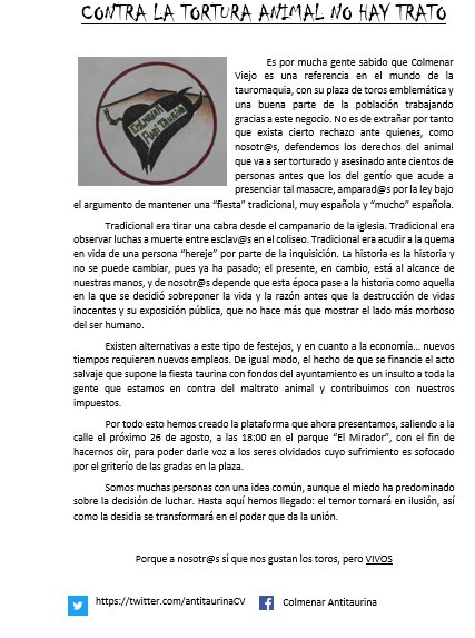 antitaurinaCV's tweet photo. Acabemos con los festejos que se basan en la tortura animal.Por esto, convocamos una manifestación el 26 de agosto a las 18:00 en El Mirador https://t.co/WBKS9fiaYp