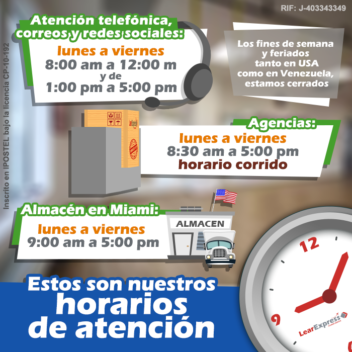 LearExpress_Ve's tweet photo. Estos son nuestros horarios de atención al cliente y de recepción en almacén en Miami. No trabajamos los fines de semana ni los feriados. https://t.co/FS2ybJpWhY