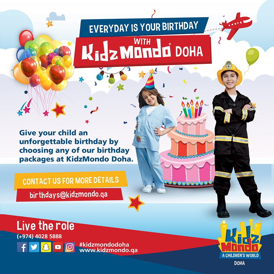 KidzMondoDoha's tweet photo. Choose from a variety of birthday packages at KidzMondo to give your child an unforgettable birthday!  #kidzmondodoha #livetherole #birthday https://t.co/ufbCWPAyXD
