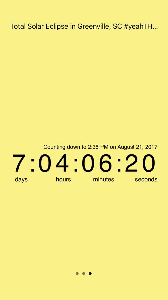 montetvcajun's tweet photo. 7 days and 4 hours remaining until Total Solar Eclipse in Greenville, SC #yeahTHATGreenville #TZeroApp https://t.co/XMRBkJRH0t