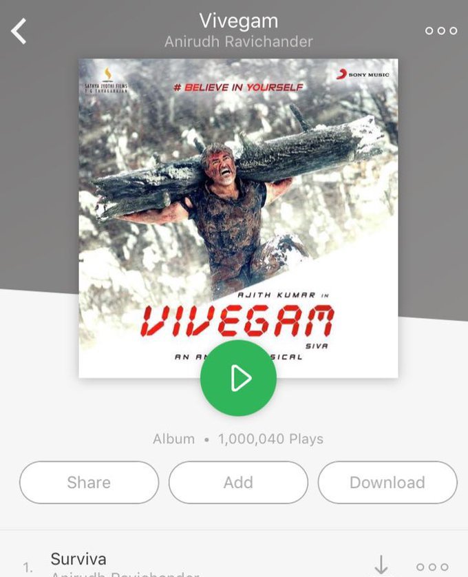 sarathk645's tweet photo. #VivegamAlbum Hits 1M+ Streams @Saavn https://t.co/MEHFZ68UtV