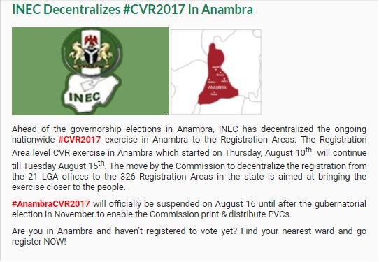 EiENigeria's tweet photo. .@inecnigeria Decentralizes #CVR2017 in Anambra
Active Citizens Ask PMB To #ResumeOrResign
Our newsletter headlines: https://t.co/iAAQUcjUxL https://t.co/diSo7jI68v