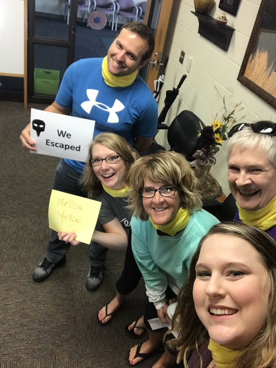 OES_Hill's tweet photo. First day inservice escape room team building! Second place! Not too shabby!!! #Oatville261 #TeamMellowYellow #EscapeClassroom https://t.co/2fcIAT4VLf