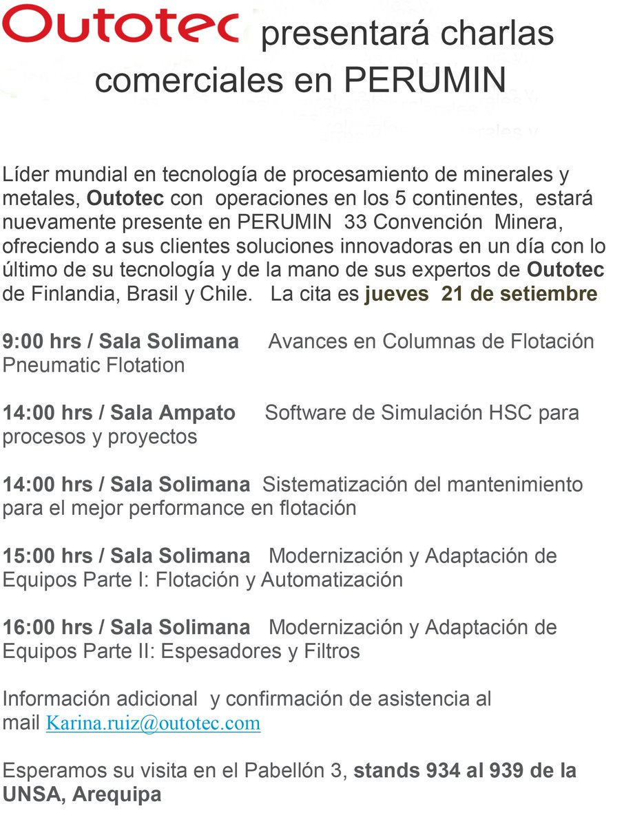 PeruminOficial's tweet image. Outotec presentará charlas comerciales en PERUMIN33 en #Arequipa, el jueves 21 de setiembre.