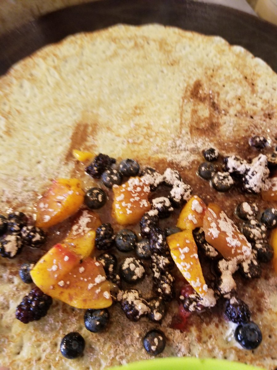 Special today: Organic blackberry,  blueberry, and peach crepe.  Available in regular,  gluten free,  or Vegan options.