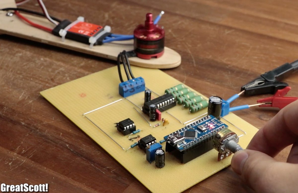 arduino's tweet image. Make your own ESC using an Arduino Nano, an L6234 motor driver IC, and a couple of complementary components: bit.ly/2hYrR5Z