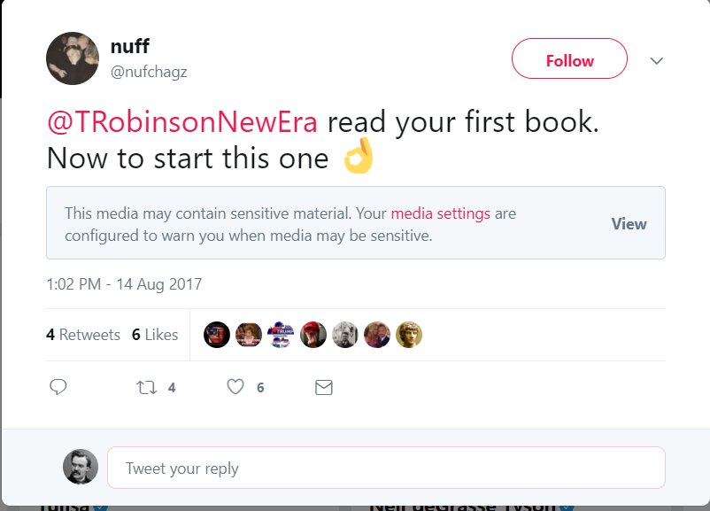 Haarshwein's tweet photo. @nufchagz @TRobinsonNewEra Apparently the title of a book is sensitive material. https://t.co/h7N92AxmzW
