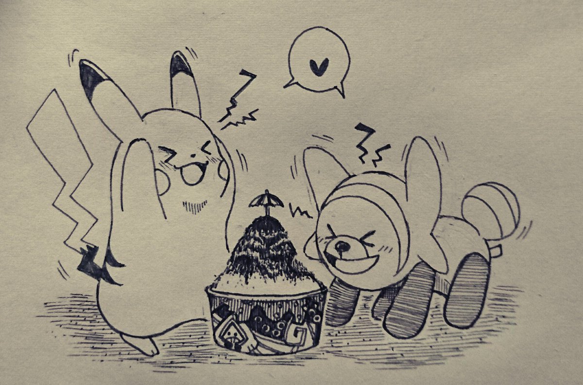 海の家でかき氷を買ってもらったピカチュウとヌイコグマ
とそのトレーナー 