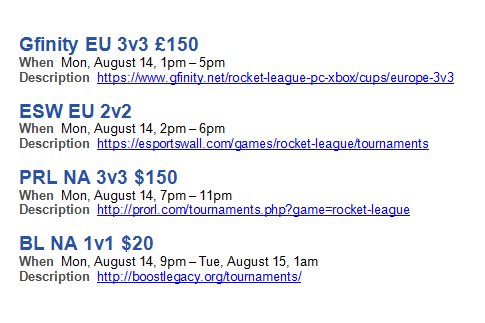 RLWCommunity's tweet image. Tournaments for 8/14/17! @GfinityRL @eSportsWall @ProRivalry @boostlegacy 
Follow us for updates on all tournaments.
discord.me/RLW