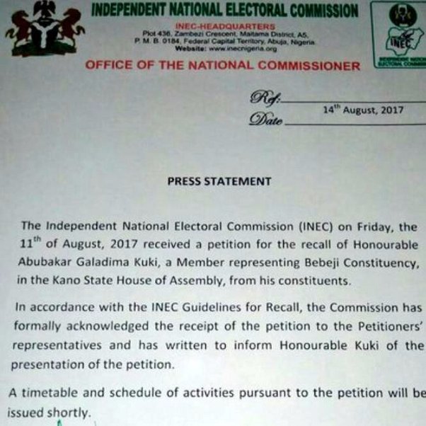 INEC has acknowledged receipt of letter for recall of Honourable Abubakar Kuki, Member representing Bebeji Constituency of Kano state on Monday.