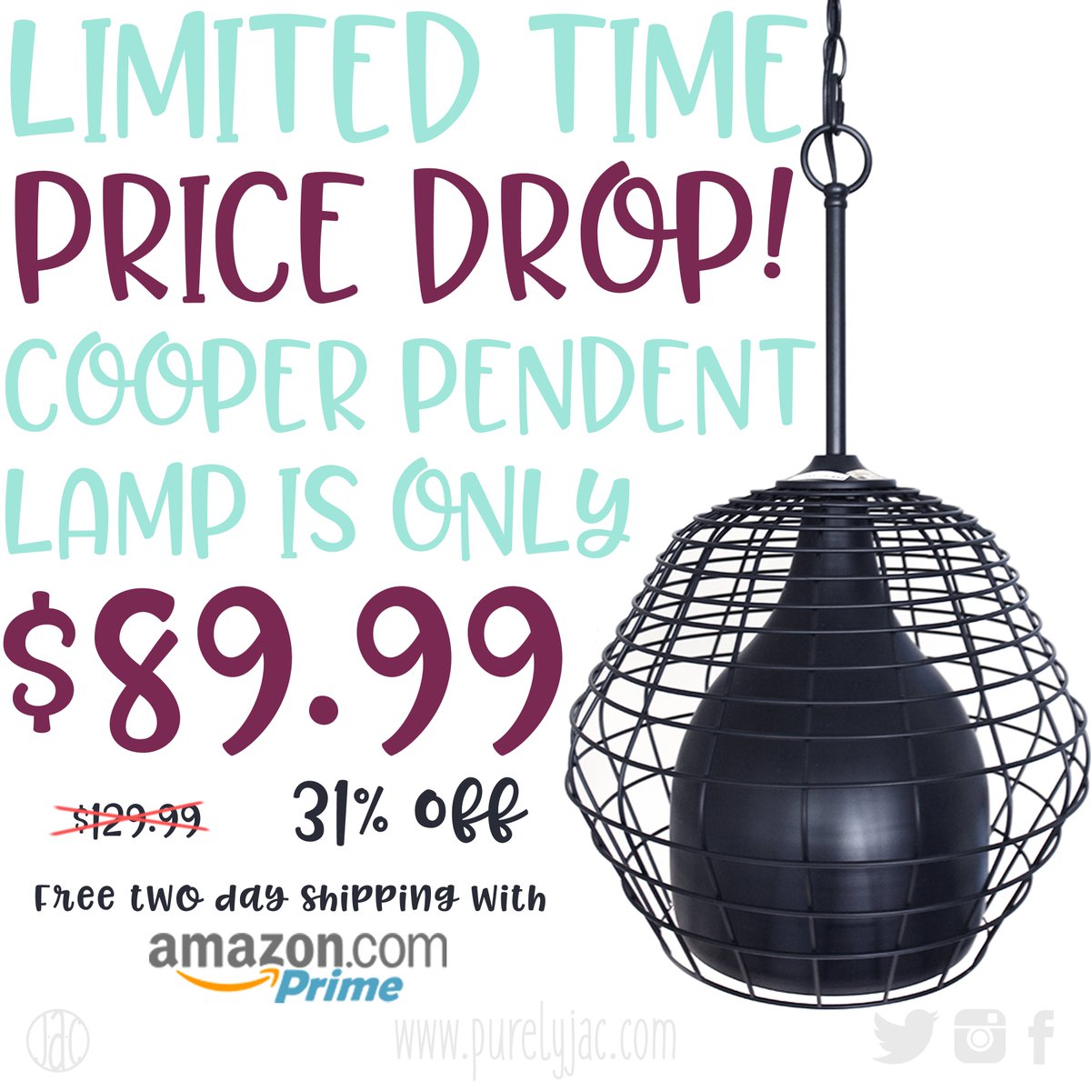 purelyjac's tweet photo. Limited time price drop!Cooper pendent lamp is only $89.99! = 31% off!#youknowyouwantto #amazonprime #interiordesign https://t.co/910P1l5o7D https://t.co/8Jxfn9hSdN