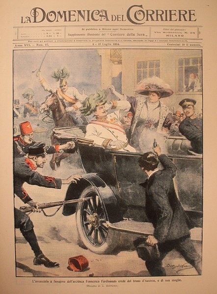 Zeitgenössische Darstellung des "Attentats von Sarajewo", welches heute als der Auslöser des Ersten Weltkrieges gilt. (datiert 5.7.1914)