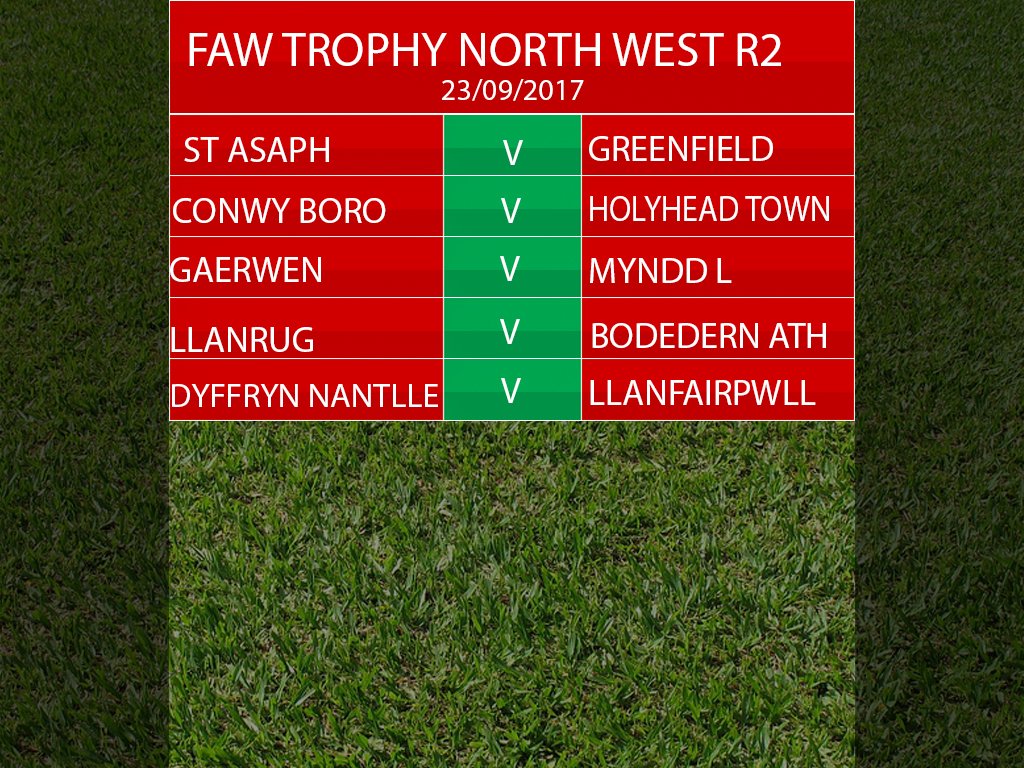 YClwbPelDroed's tweet photo. FAW TROPHY ROUND TWO NORTH WEST- DRAW: 
Ties to be played 23/09/2017 https://t.co/JUihPy3DCb