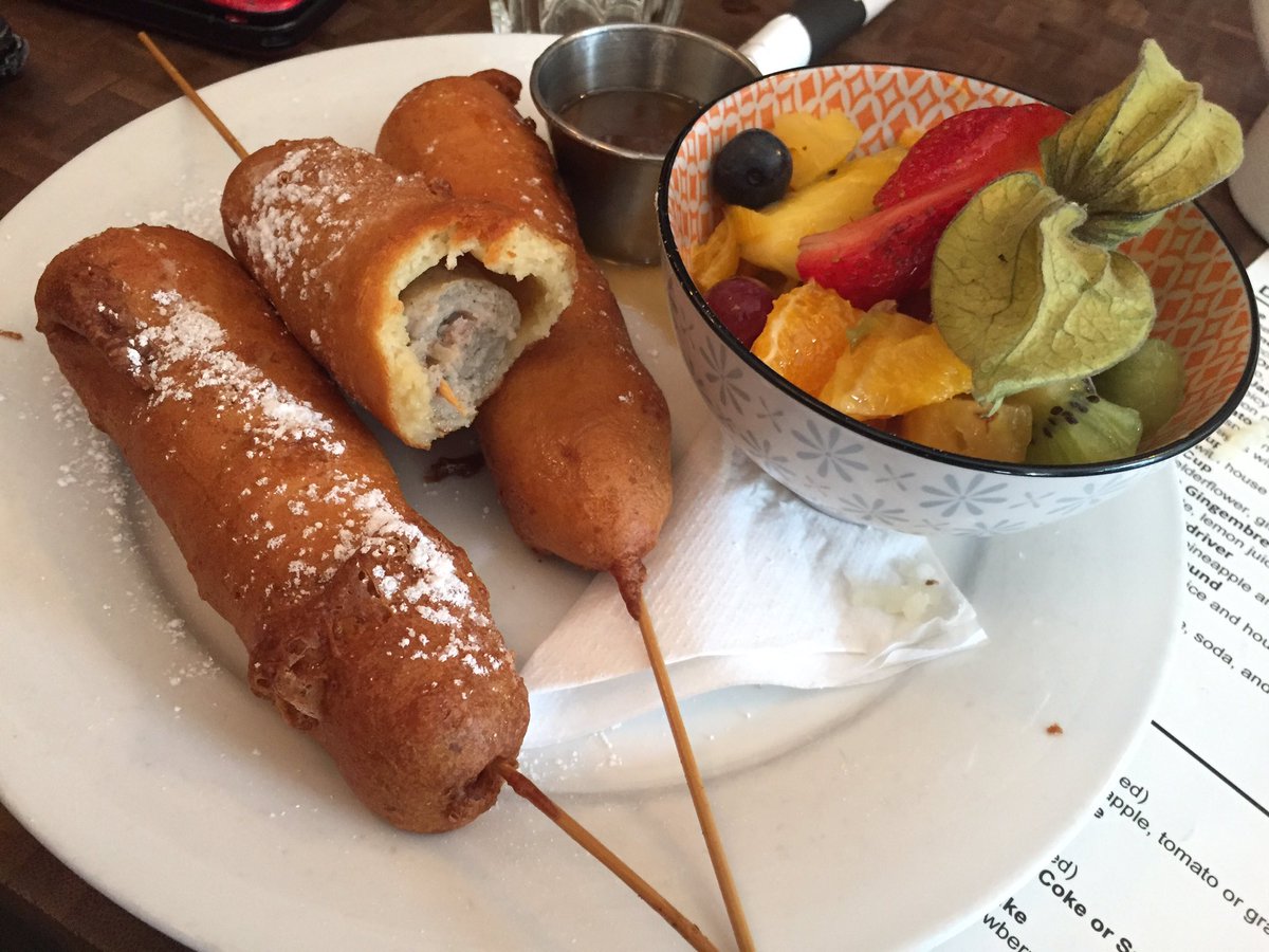Breakfast at <a href="/jamcafevictoria/">Jam Cafe</a> . Sausage wrapped in pancake batter for a delicious corn dog breakfast. #yyjfood #food #breakfast