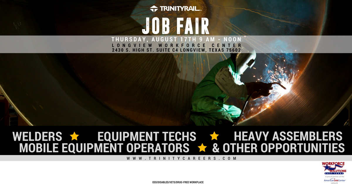 TrinityJobs's tweet photo. Join us on Aug. 17th at the Longview Workforce Center: 2430 S. High St., Suite C4 #Longview, #TX 75602 for a #JobFair! #work4Trinity https://t.co/5zFyHYXj8R