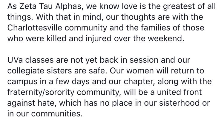 As Zeta Tau Alphas, we know love is the greatest of all things. With that in mind, our thoughts are with Charlottesville.